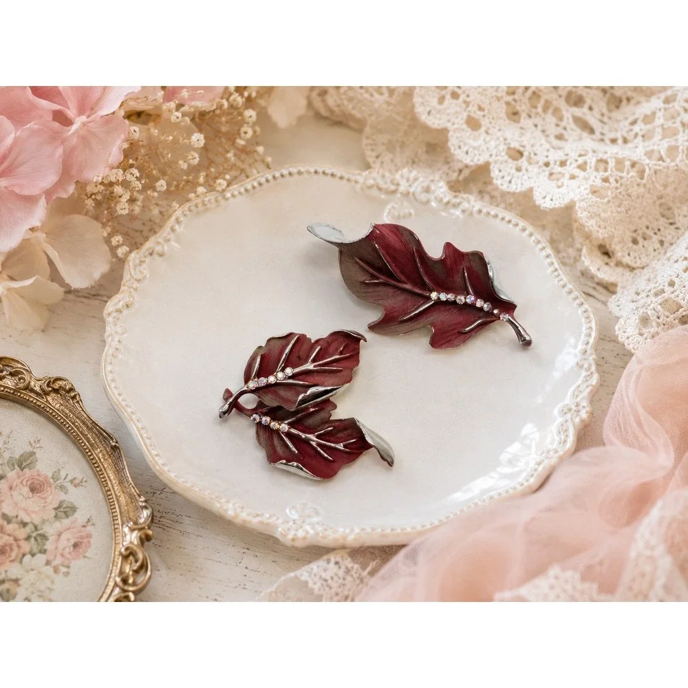 Vintage BSK Enamel Rhinestone Leaf Brooch Pins Set Burgundy Mid Century Fall